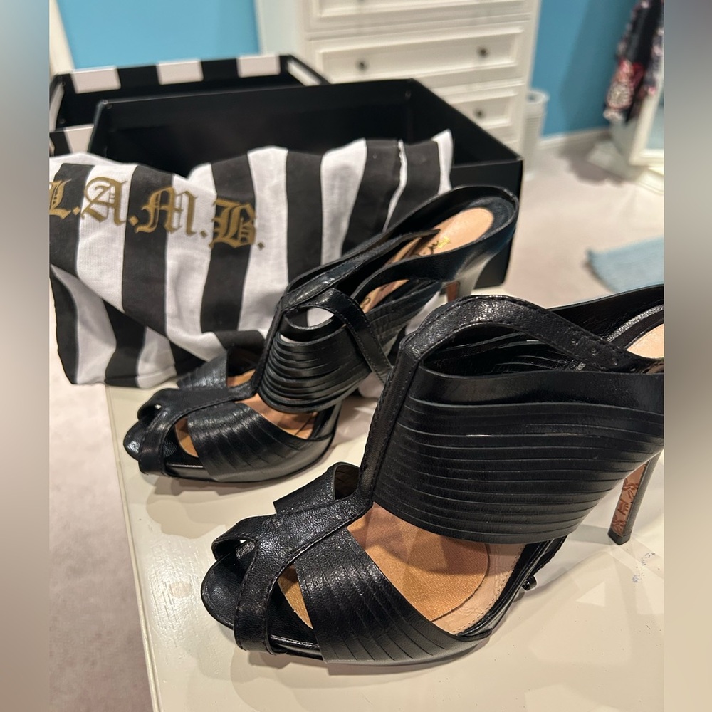 L.A.M.B Faran Black Leather Strappy Heel/ Pump Size 8